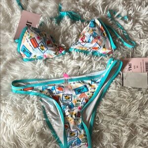Colorful Bikini Set with Turquoise Trim